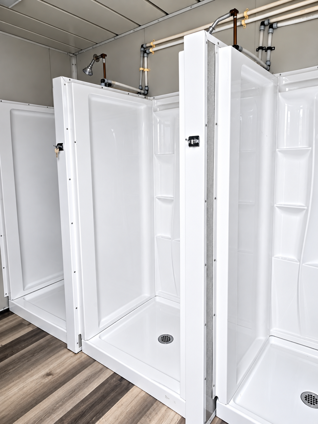 Private stalls inside a 20 ft five-stall shower container