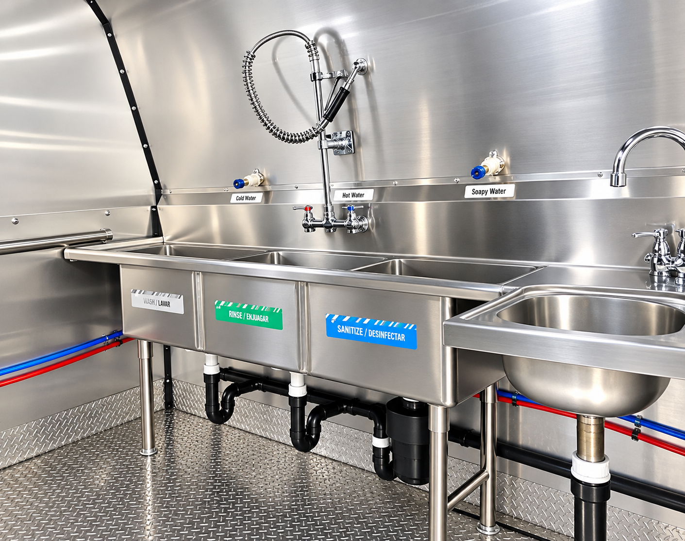 Three-compartment sink inside a 22 to 26 ft dishwashing trailer