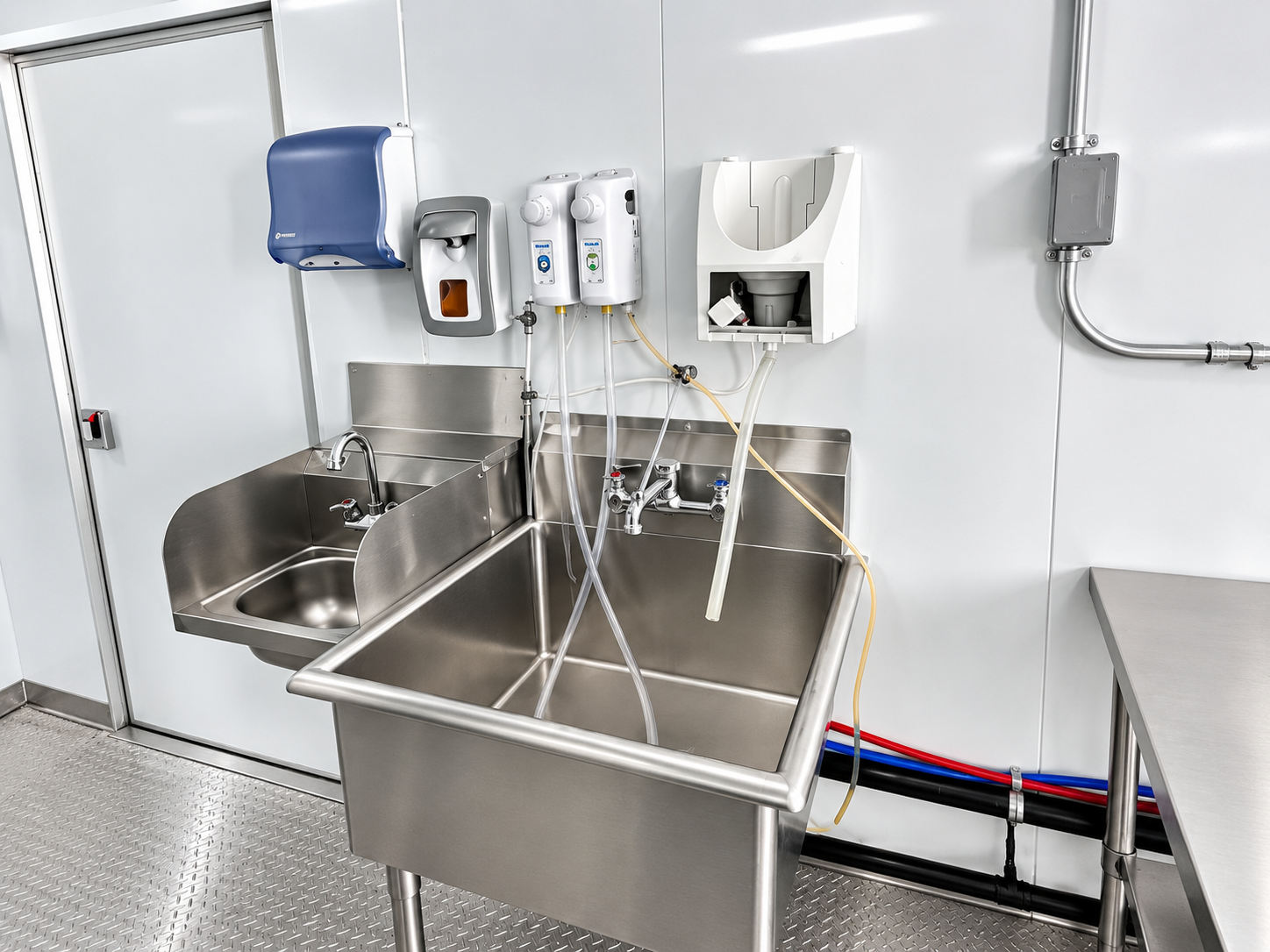 Stainless work area inside a 22 to 26 ft mobile dishwashing trailer