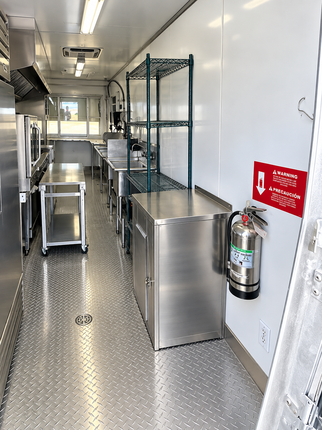 Stainless commercial cooking and preparation line inside a 24 ft mobile kitchen trailer