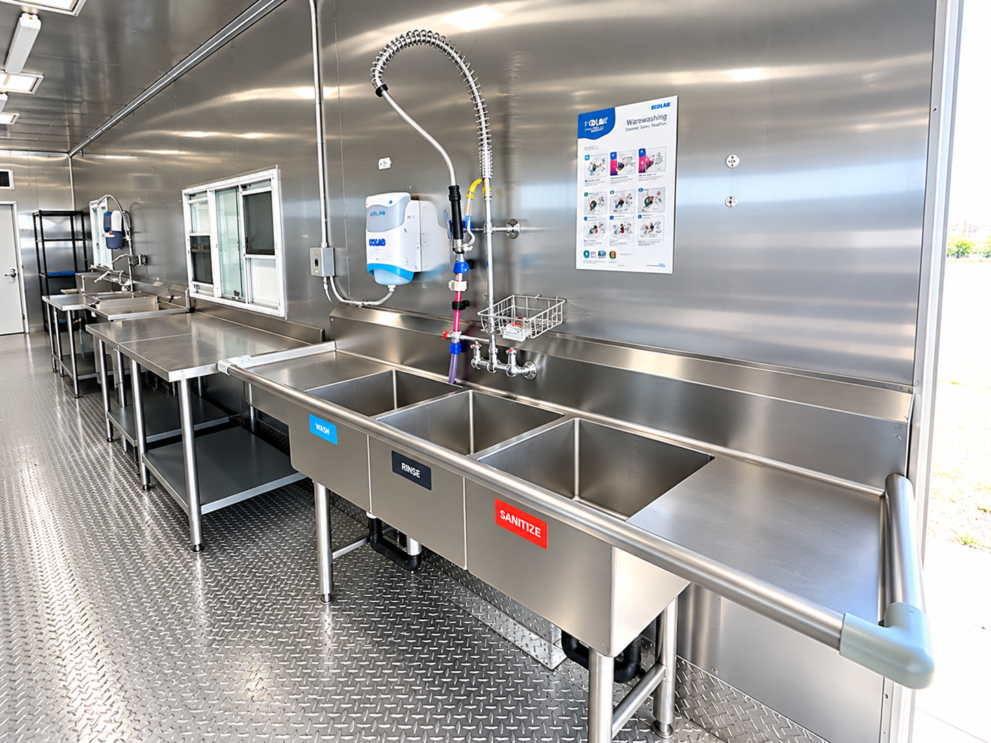 Commercial dishwashing machine inside a mobile dishwashing trailer
