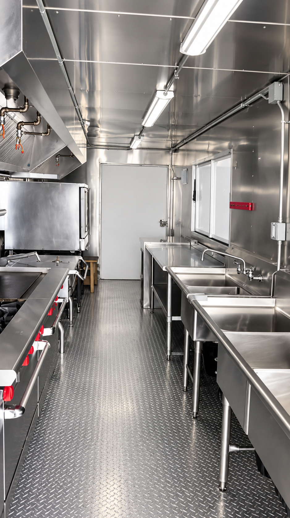 Cooking and wash area inside a 40 ft mobile combination kitchen trailer