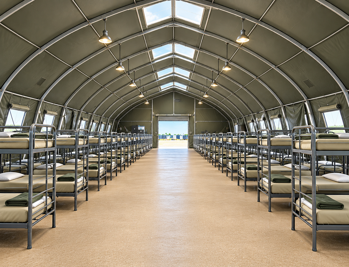 Rows of bunk beds inside a large temporary sleeping facility